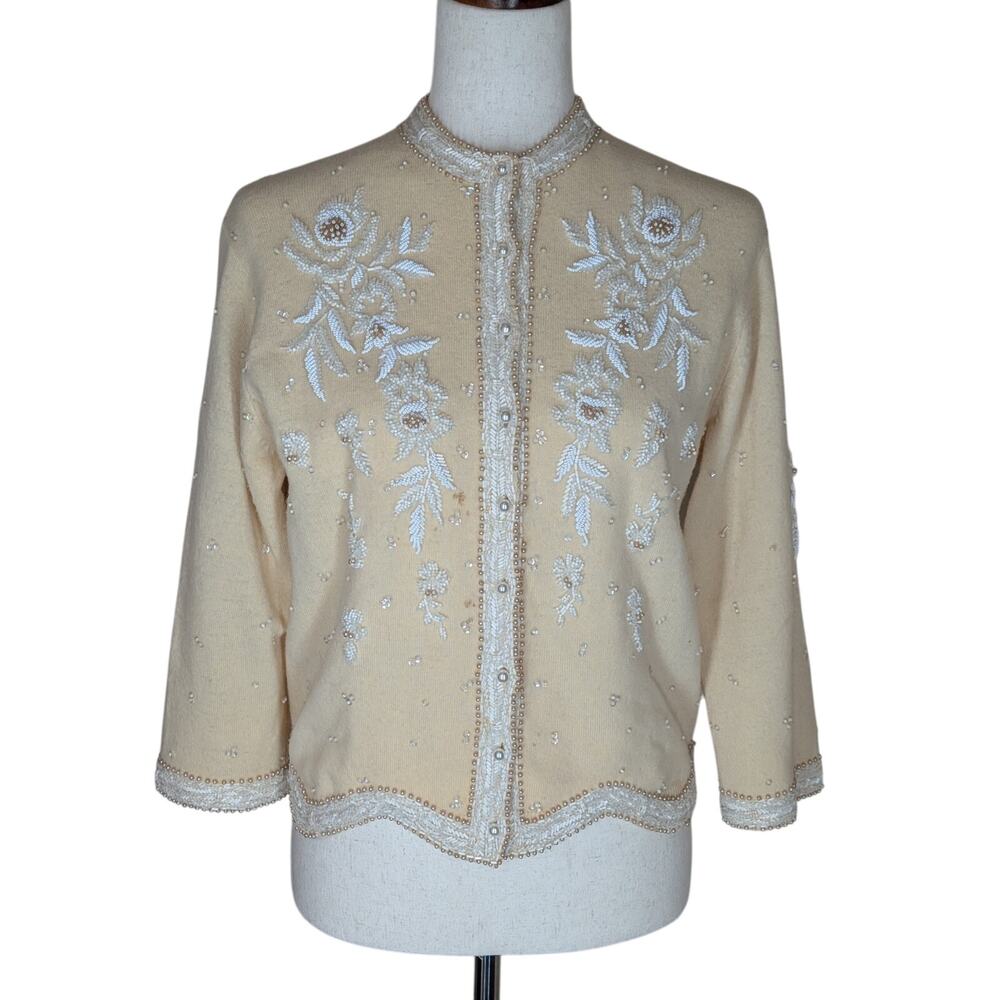 Vintage 1950s Hand Beaded Cardigan Cream With White Floral Beading Size Small